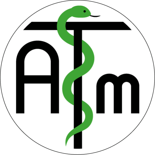 Grünes Serpentin-Symbol um einen medizinischen Stab auf weißem Hintergrund.